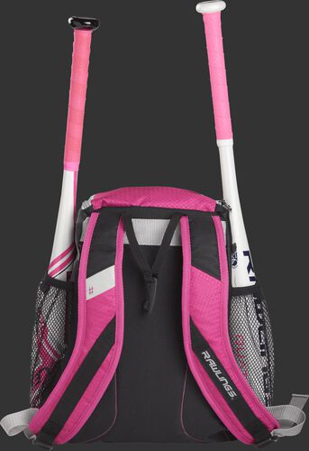 Back of a pink R400 Rawlings youth equipment backpack with pink shoulder straps and two bats