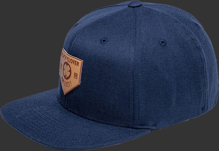 Side of a navy Rawlings Black Clover Leather Patch flat bill hat - SKU: BCR1LPFN0071