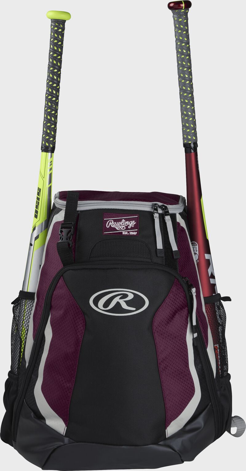 A black/maroon R500 Rawlings equipment backpack with a bat on each side