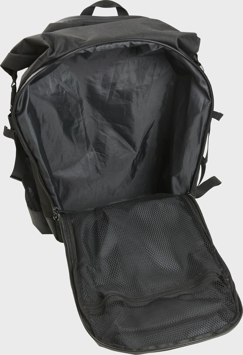 A black Rawlings CEO coach's backpack with the main compartment open - SKU: CEOBP-B