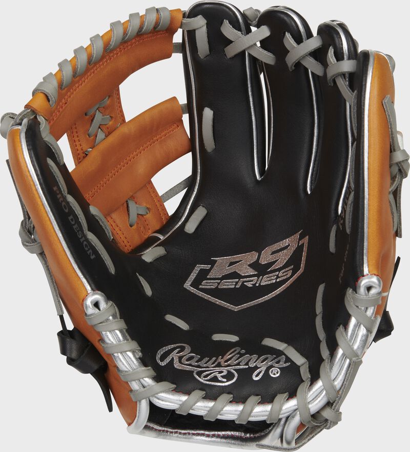 Black palm of a Rawlings R9 ContoUR infield glove with gray laces and silver palm stamp - SKU: R9110U-19BT