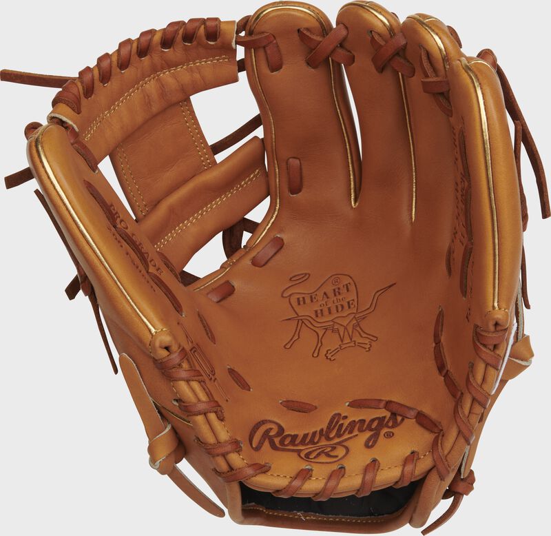 Gold brown palm of a Rawlings Heart of the Hide R2G infield glove with tan laces - SKU: RSGPROR204W-2GBB