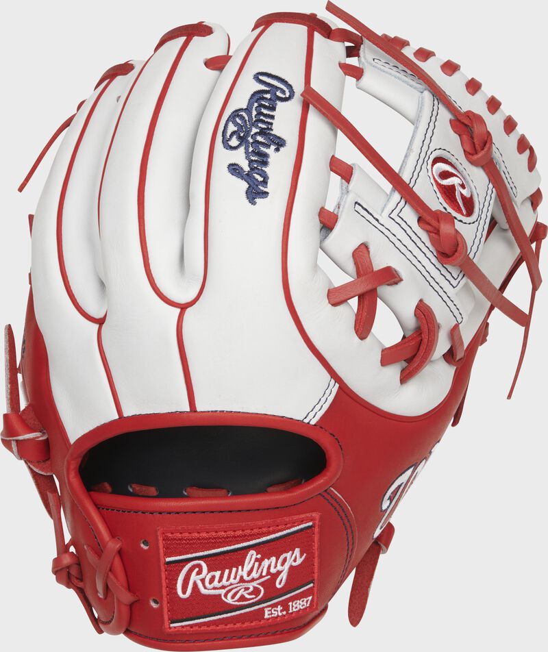 Shell back view of scarlet and white 2021 Washington Nationals Heart of the Hide glove