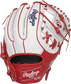 Shell back view of scarlet and white 2021 Washington Nationals Heart of the Hide glove image number null