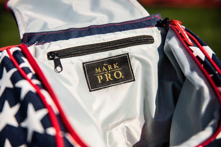 The Mark of a Pro patch sewn on the inside of a Rawlings USA Legion gear backpack - SKU: LEGION-USA