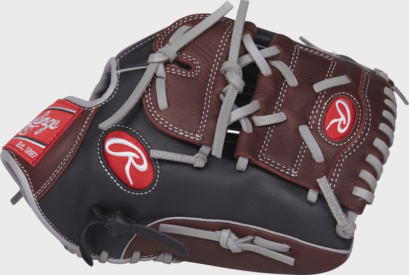 R9206-9BSG R9 Series 12-inch infield/pitcher's glove with a black/sherry thumb and sherry two-piece solid web