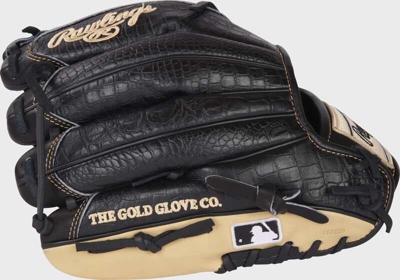 Black croc embossed back of a HOH R2G 11.75" infield/pitcher's glove with the MLB logo on the pinky - SKU: PROR205-4B loading=
