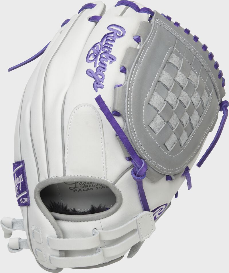 Back of a white/purple Liberty Advanced Color Series 12-Inch basket web glove with a pull strap back - SKU: RLA120-3WPG