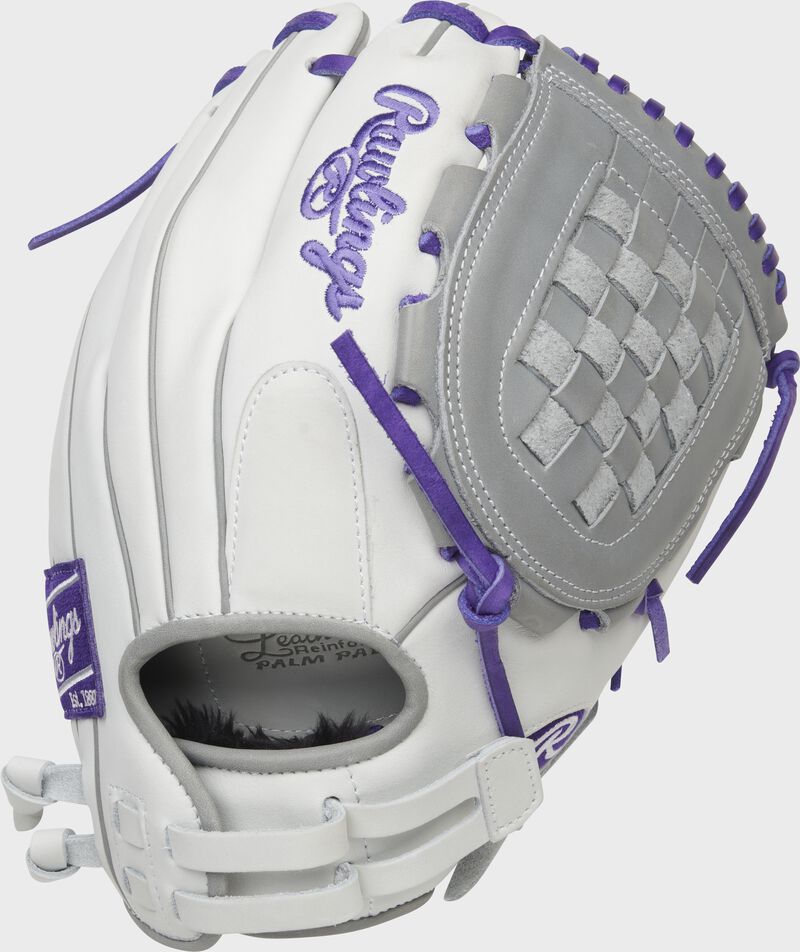 Back of a white/purple Liberty Advanced Color Series 12-Inch basket web glove with a pull strap back - SKU: RLA120-3WPG loading=