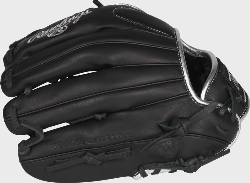 Black back of an Encore 11.75-inch infield/pitcher's glove with the MLB logo on the pinky - SKU: EC1175-8B