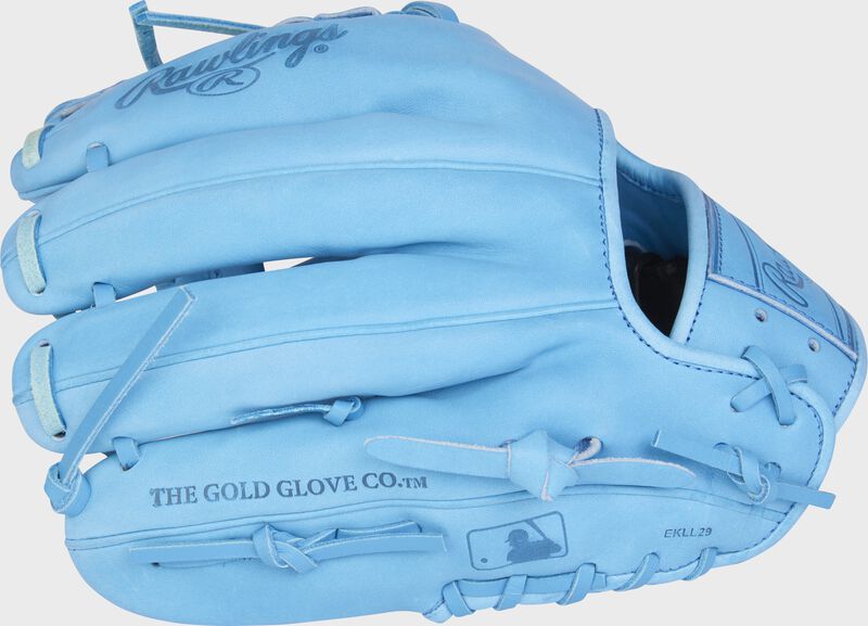 Back of a Columbia blue Heart of the Hide elements series glove with the MLB logo on the pinky - SKU: PRO204-2CB