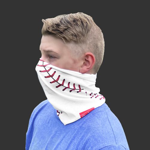 A kid wearing a white baseball stitch neck gaiter with it covering his mouth and nose - SKU: YRC40001-100