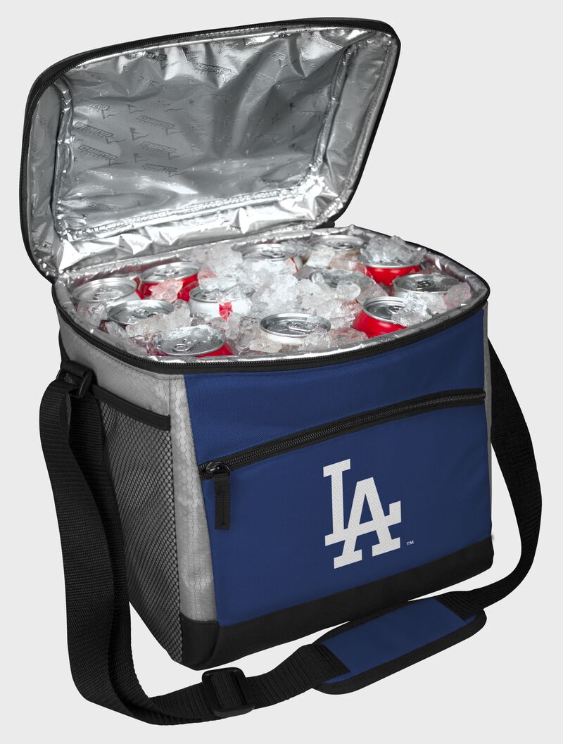 An open Los Angeles Dodgers 24 can cooler with ice and drinks