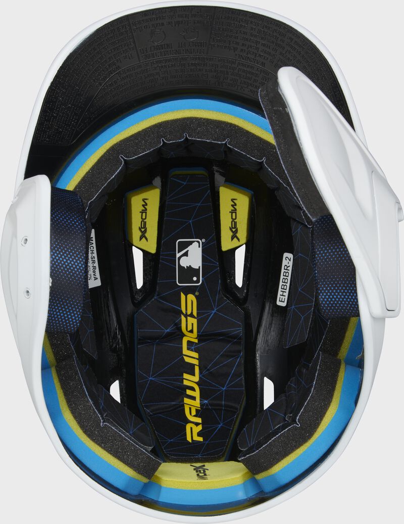 Inside of a MACHEXTR Rawlings MACH baseball helmet with IMPAX durable foam padding