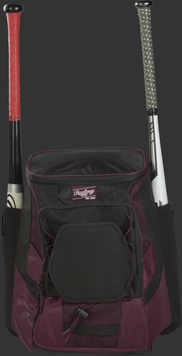Front of a maroon/black R600 Rawlings players team backpack with a bat in each of the side compartments