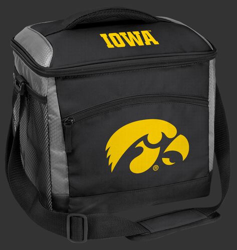 A black Iowa Hawkeyes 24 can soft sided cooler with screen printed team logos - SKU: 10223075111