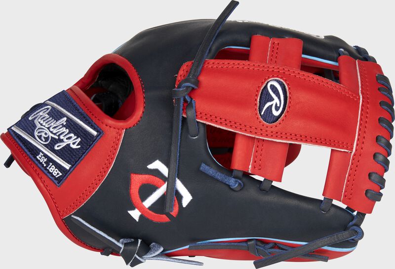 Thumb of a navy/scarlet 2021 Minnesota Twins Heart of the Hide glove with the Twins logo on the thumb - SKU: RSGPRO204-13MIN