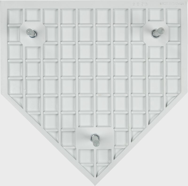 3 metal spikes installed in the bottom of a white Rawlings throw down home plate - SKU: 12770200