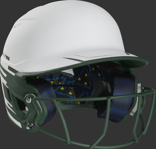 Front right of a Rawlings Mach fastpitch batting helmet with a dark green mask - SKU: MSB13S-W/DG