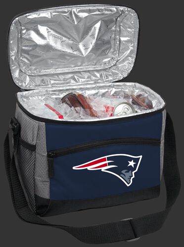 An open New England Patriots 12 can cooler filled with ice and drinks - SKU: 10111076111