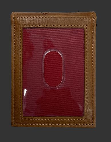 Back of a tan Rawlings debossed stitch front pocket wallet with a clear ID window - SKU: RPW009-204