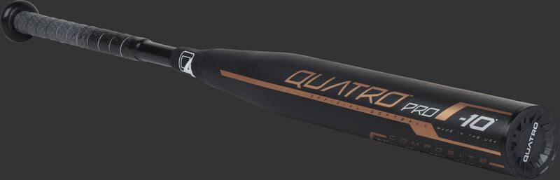 3/4 view of a FPQP10 fastpitch Quatro Pro bat with a black barrel and black end cap