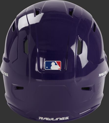 Back of a purple MCH01A Rawlings Mach batting helmet with a MLB logo sticker