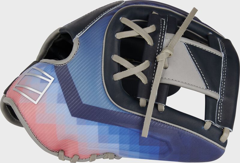 Thumb of a navy/pink exclusive Bo Bichette REV1X 11.75" infield glove with a navy/gray 2-tone I-web - SKU: REV205-2XN