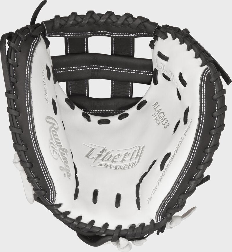 Thumb view of a RLACM33 Rawlings 33-inch softball catcher's mitt with a white palm and black laces
