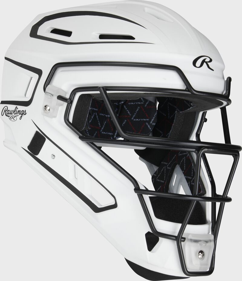 Front right of a white/black velo catcher's mask