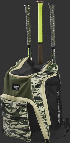 Angle view of a camo Legion baseball bat backpack with 3 bats in the back - SKU: LEGION-CAMO