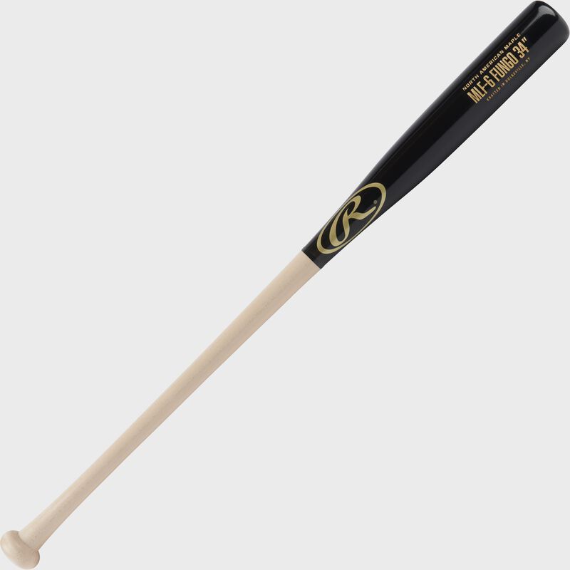 Angled view of a 34" Rawlings Maple fungo bat with a natural handle and black barrel - SKU: MLF5-NA-B-34