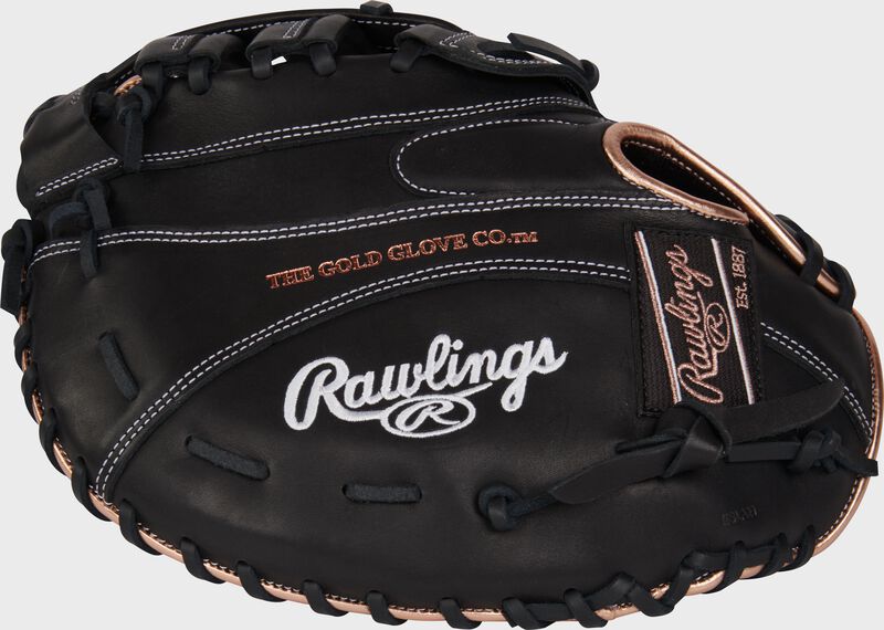 Black back of a Rawlings R9 Series 12.5" 1st base mitt with a black/rose gold Rawlings patch