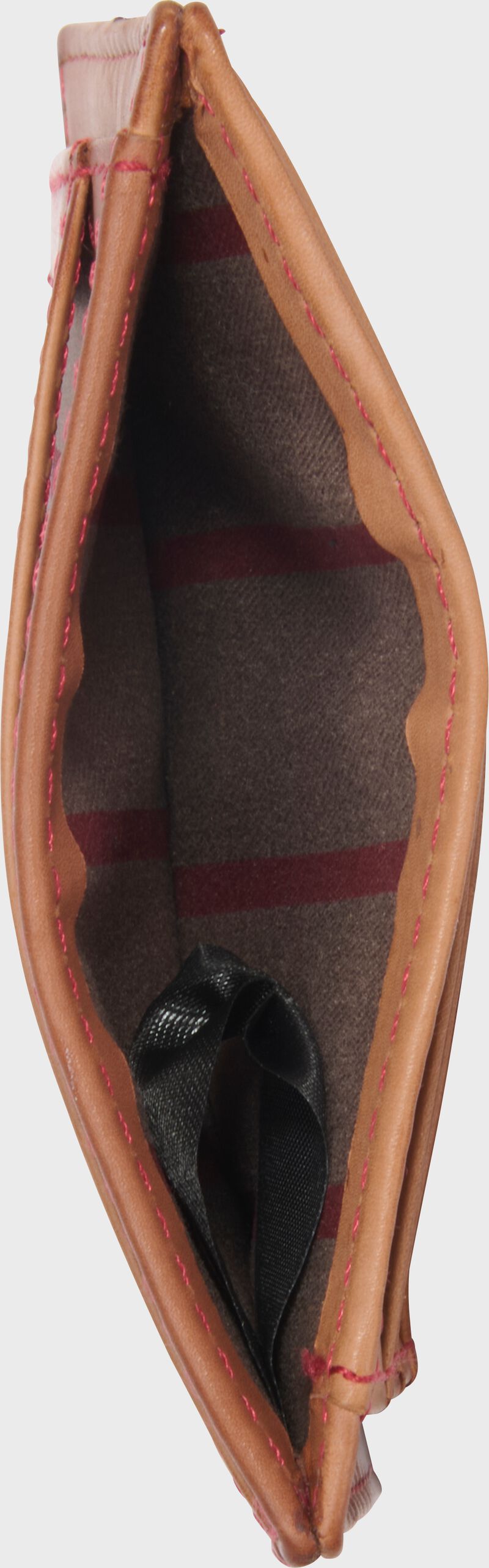 Inside view of a tan Rawlings Double Play front pocket wallet