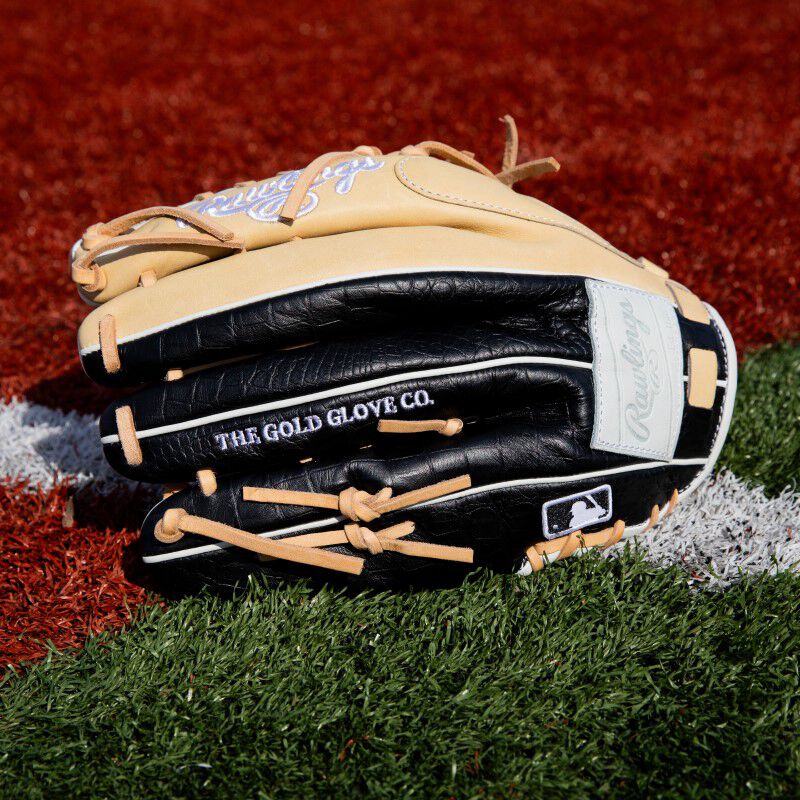 Back of a Heart of the Hide ColorSync 8.0 outfield glove on a field