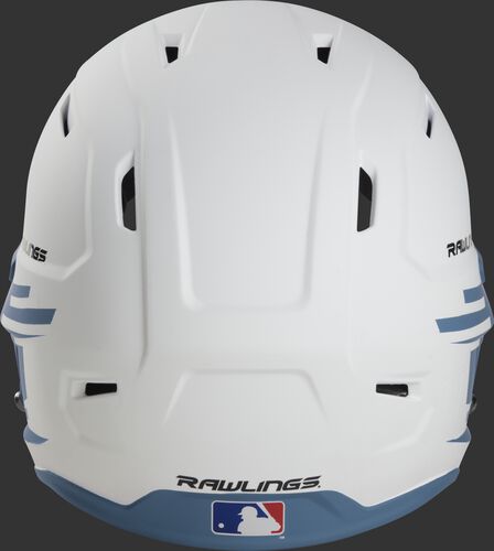 Back of a white/columbia blue Rawlings Mach fastpitch helmet with the MLB logo on the bottom - SKU: MSB13S-W/CB