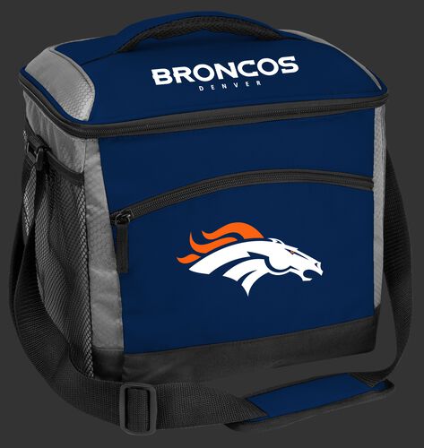 A blue Denver Broncos 24 can soft sided cooler with screen printed team logos - SKU: 10211066111