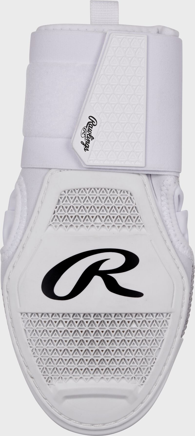 Back of hand of a white Rawlings sliding mitt with a black "R" logo