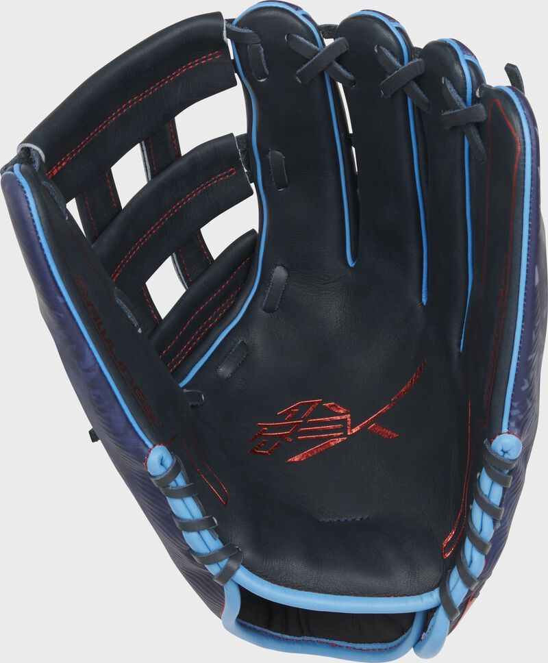 Navy palm of a Rawlings REV1X outfield glove with scarlet stamping and navy laces - SKU: REV3039-6N