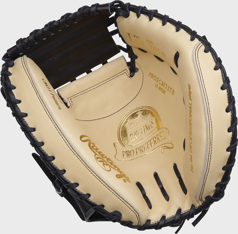 Camel palm of a Rawlings Tucker Barnhart Pro Preferred catcher's mitt with black laces - SKU: RPROSCM33TB-RHT loading=