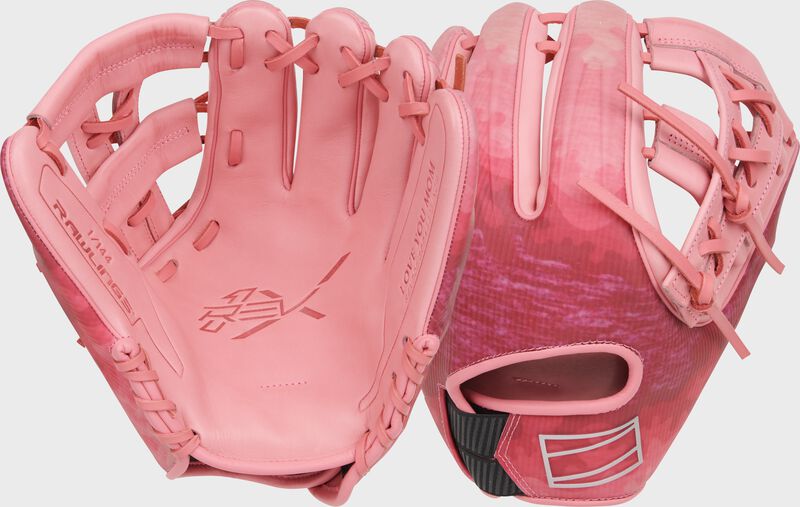 2 images showing the palm & back of a Rawlings exclusive pink REV1X infield glove - SKU: REV205-32P