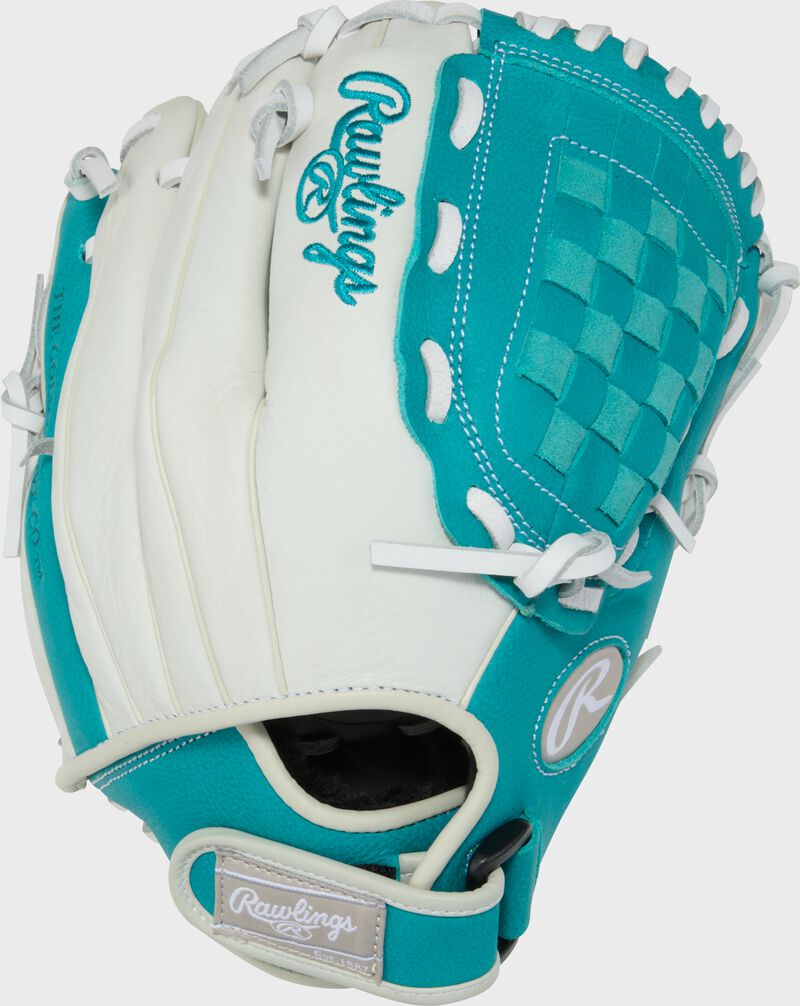 Back of a white/teal Shut Out 11.5-inch Fastpitch Softball Glove
