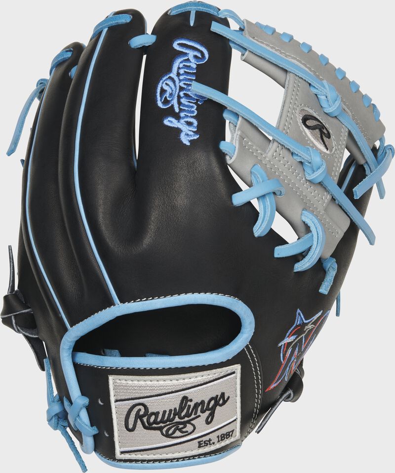 Back of a black Miami Marlins Heart of the Hide I-web glove with a gray Rawlings patch - SKU: RSGPRO204-2MIA
