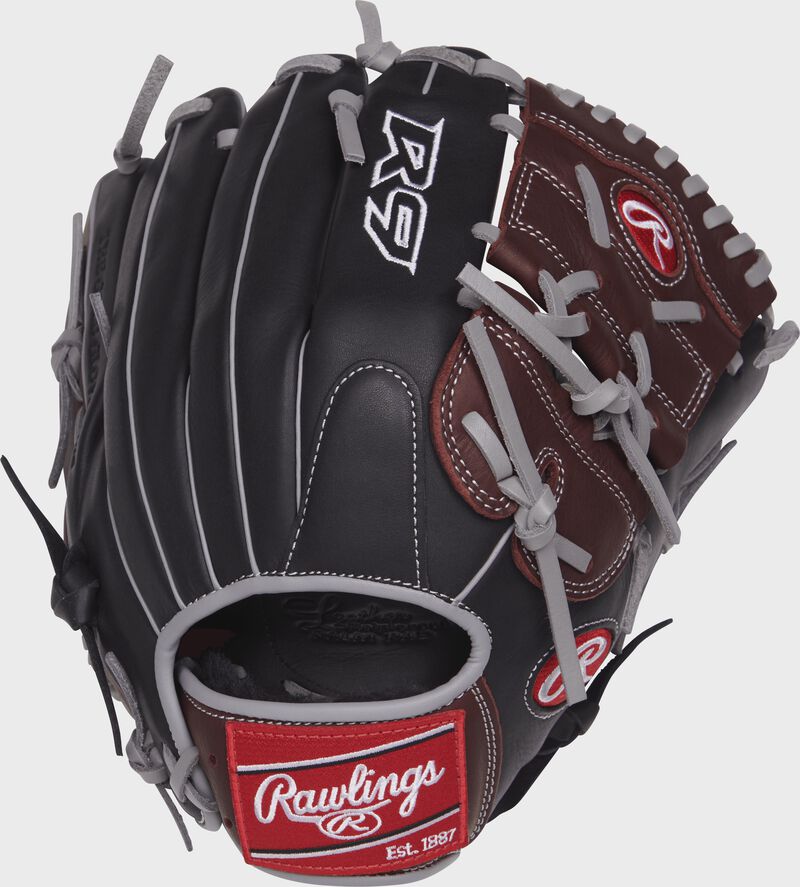 Back view of a R9206-9BSG 12-inch R9 glove with a black back and grey binding and welting
