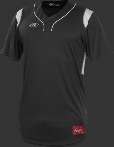 A black Rawlings short sleeve hidden button jersey with white shoulder inserts - SKU: HBJ-B