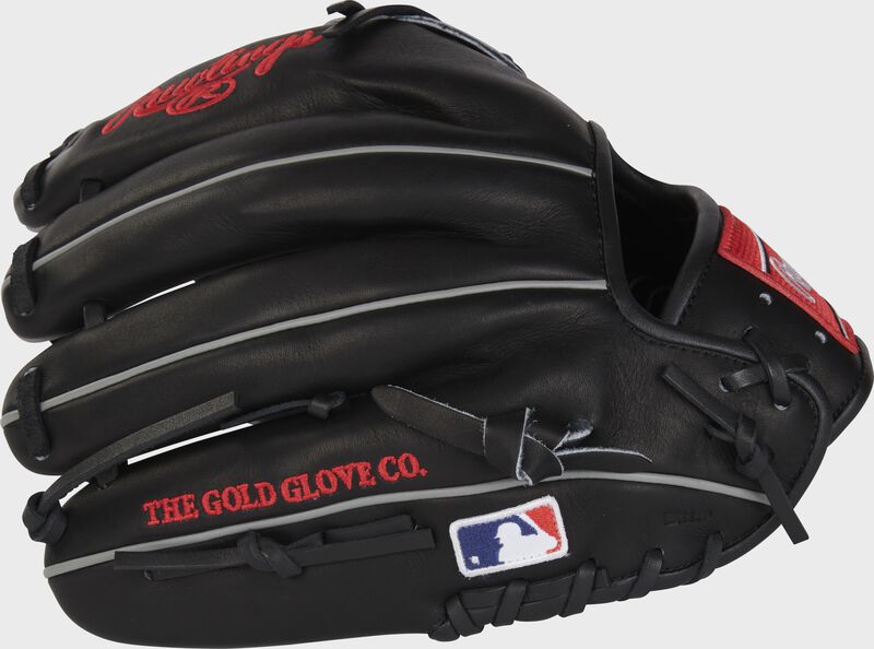 Black back of a Rawlings Heart of the Hide 12" infield/pitcher's glove with the MLB logo on the pinky - SKU: PROT206-9B