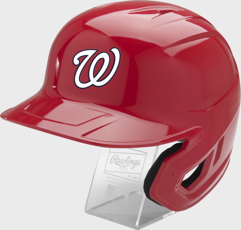Front left of a red Rawlings Washington Nationals replica helmet - SKU: MLBMR-DC