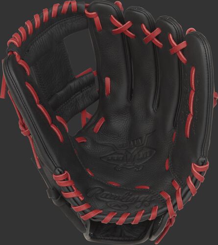 SPL150FL Rawlings Francisco Lindor youth baseball glove with a black palm and scarlet laces