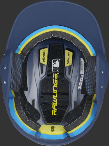 Inside of a Rawlings MACH baseball helmet with IMPAX durable foam padding