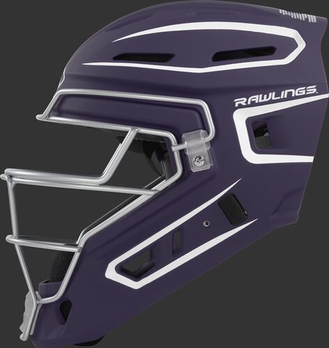 Left side of a purple CHV27J Rawlings hockey style Velo 2.0 catcher's helmet